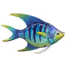 a blue and yellow fish on a white background