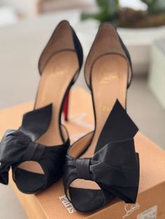 Authentic- Christian Louboitin Dorcet satin pumps SZ39 Gently Used beautiful crepe satin pupm with bow. In original box and dustbag. Womens Pumps, Satin Pumps, Women's Pumps, Original Box, Dust Bag, Pumps, Satin, Ships, Women Shoes