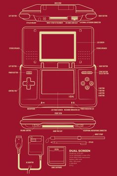 an old nintendo game system with instructions on the front and side, in red background