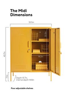 the measurements for a yellow cabinet with two shelves and four compartments on each side,