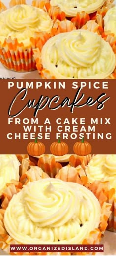 pumpkin spice cupcakes from a cake mix with cream cheese frosting on top