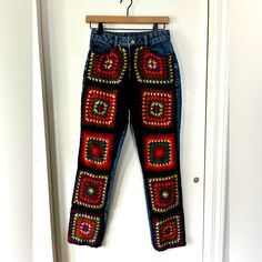 Multicolored Granny Square Jeans By Farm Rio The Crochet Lays Over The Denim So These Are A Nice Warm Pair Of Jeans For Fall And Winter Size Xs Best For 25-26 Straight Leg Fit Fitted Crochet Casual Bottoms, Crochet Jeans, Jeans For Fall, Farm Rio, Jeans Color, Colored Jeans, Granny Square, Trend Setter, Fall And Winter