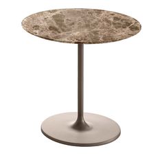 a round table with a marble top on an iron base, isolated against a white background