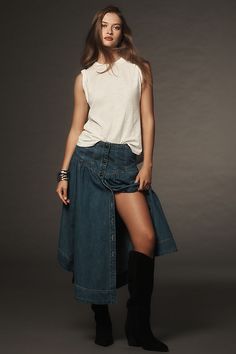 Pilcro Basque-Waist Denim Midi Skirt Bow Crop Tops, Utility Skirt, Anthropologie Uk, Denim Pencil Skirt, Fashion Skirts, Lace Bustier, Black Midi Skirt, Denim Midi Skirt, Midi Shirt Dress