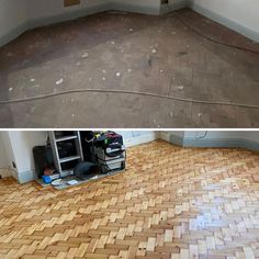 before and after photo of a wood floor cleaning job in an empty room with no carpet