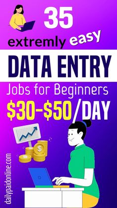 a woman sitting at a desk with a laptop on her lap and the words data entry jobs for beginners $ 350 / day