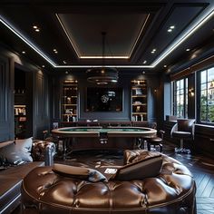 a game room with a pool table and leather chairs