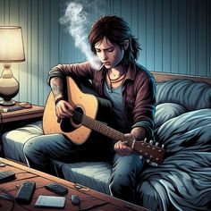 a person sitting on a couch with a guitar in their hand and a lamp next to them