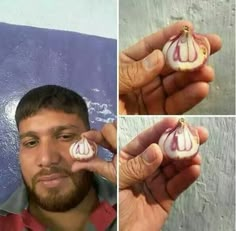 the man is holding two pieces of garlic