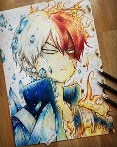 a drawing of a boy with red hair and blue eyes