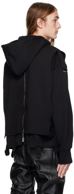 Cotton-blend fleece hoodie. Raw edges throughout. · Layered construction · Zip pocket at chest · Self-tie fastening at sides · Rib knit cuffs · D-ring at dropped shoulders and back collar · Zip vent at back · Partially lined Supplier color: Coal Layered Hoodie, Black Layers, Knit Cuff, D Ring, Fleece Hoodie, Tent, Zip Pockets