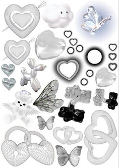 various shapes and sizes of hearts, butterflies, and other objects are shown in this image