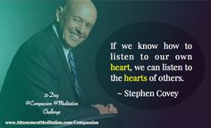 a man in a suit and tie with a quote on it that says, if we know how to listen to our own heart, we can listen to the hearts of others