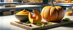 a pumpkin cut in half sitting on top of a cutting board next to other food items