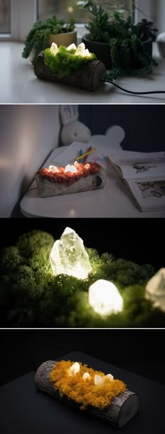 Shroom in the Room creates these night lamps made from wood, moss, and crystals. Crafts To Make With Nature, Diy With Branches, Crystal Crafts Diy, Moss Lamp, Tree Branch Lamp, Moss Tree, Using Crystals, Tree Mushrooms, Deco Nature