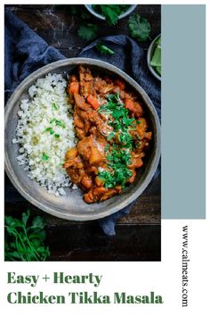 a bowl filled with rice, meat and cilantro