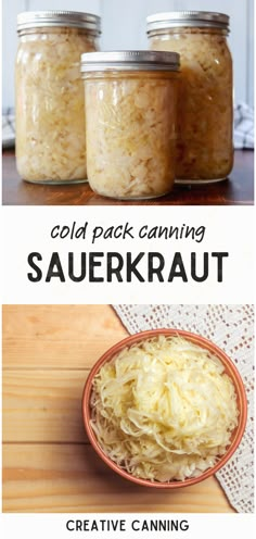 three jars filled with sauerkraut sitting on top of a wooden table