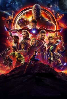 the avengers movie poster with many characters and their names in front of an exploding background