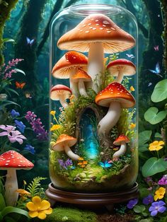 a group of mushrooms under a glass dome in the middle of flowers and grass with butterflies flying around