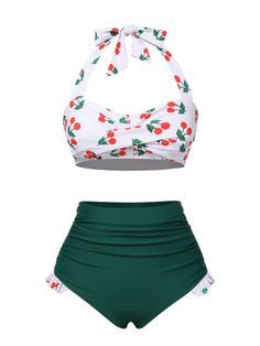 1960s Swimsuit, 50s Swimsuit, Best Dress For Girl, Retro Cherry, Swimsuit Green, Preppy Summer Outfits, Halter Swimsuit, Swimsuits Outfits, Green Swimsuit