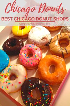 the chicago donuts box is filled with different types of doughnuts