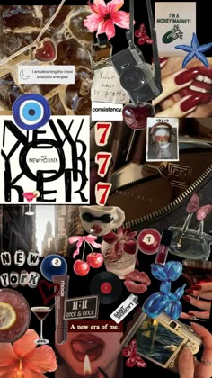 a collage of photos with various items in them and the words new york on it