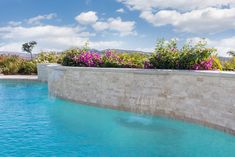 a large pool with blue water and flowers on the wall next to it is surrounded by greenery