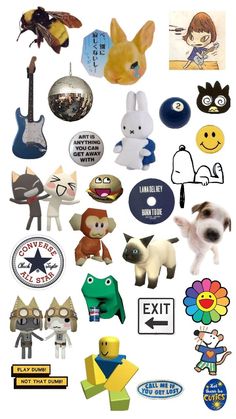 many different types of stickers on a white background with an image of animals and people