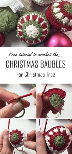 crochet christmas baubles for christmas tree with text overlay that reads free pattern to crochet the christmas baubbles for christmas tree