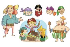 an image of cartoon characters with pirate costumes and beards, all in different poses