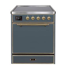 a blue oven with gold trimmings on the front and bottom, against a white background