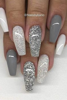 Updos Prom, Grey Nails, Grey Nail Designs, Nagellack Trends, White Glitter Nails, Homecoming Nails Acrylic, Gray Nails, Hair Prom, Nail Designs Glitter