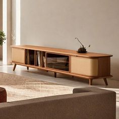 a living room with a couch, coffee table and potted plant in the corner