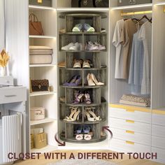 an open closet with shoes and purses in it