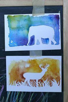 two paintings with animals painted on them in different colors and sizes, one is white and the other is blue