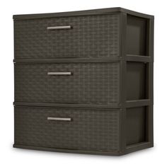 two brown wicker drawers with handles on each side and one drawer open to show the bottom