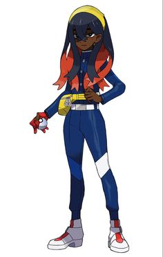 an anime character with long black hair wearing blue and red clothes, holding a yellow object