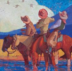 two men riding horses in the water with birds flying above them and one man wearing a cowboy hat