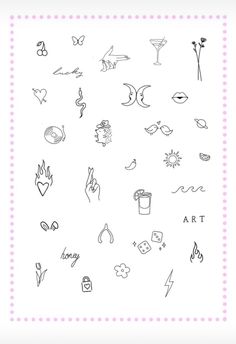 the back side of a pink and white card with various drawings on it, including symbols