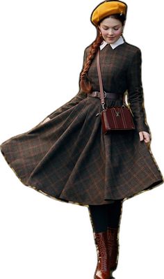 Fitted A-line Plaid Dress For Fall, Fitted Plaid Winter Dress, Long Sleeve Brown Plaid Dress For Fall, Long Sleeve Plaid Midi Dress For Fall, Plaid Long Sleeve Midi Dress For Fall, Vintage A-line Midi Dress For Winter, Long Sleeve Dark Academia Dresses For Fall, Dark Academia Long Sleeve Dresses For Fall, Vintage Plaid Winter Dress