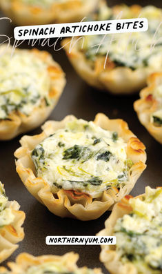 spinach and artichoke bites are sitting on a baking sheet with text overlay