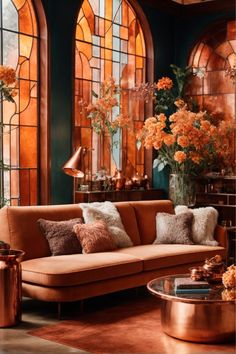 Revel in the warm embrace of this magnificent living room, where copper wall decor takes center stage. Stained glass windows framed in copper arches cast an enchanting glow, while a plush copper-toned sofa beckons. Copper vase shelves adorned with verdant greens and a round copper coffee table anchor the space. It’s an ode to refined elegance and timeless allure. Teal And Copper Bedroom, Interior Design Living Room Warm, Copper Living Room, Formal Living Room Designs, Copper Wall Decor, Interior Design Games