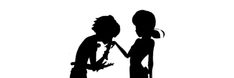 the silhouettes of two people standing next to each other in front of a white background