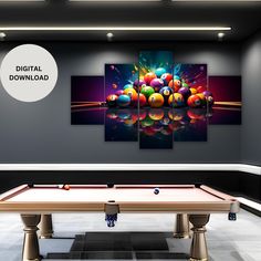 a pool table with several balls on it in front of a wall mounted art piece