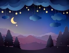 the night sky with stars and clouds above mountains is lit up by string lights hanging from strings