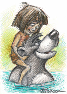 a drawing of a boy hugging a dog in the water with his head on another dog's back