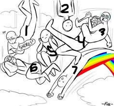 a drawing of three people jumping over a rainbow