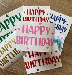 four birthday cards with the words happy birthday written on them