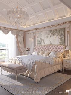 a large bed sitting in a bedroom next to a chandelier above a window