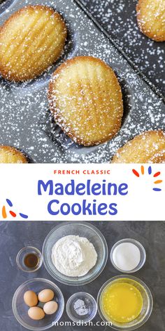 french classic madeline cookies with powdered sugar and eggs